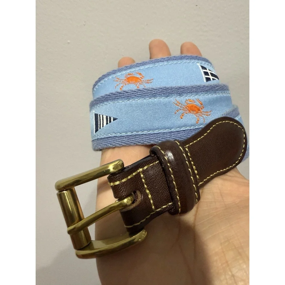 Mens Canvas Leather Belt Sail Boats Flag‎ Lobster Crab Navy Blue Size 34 37